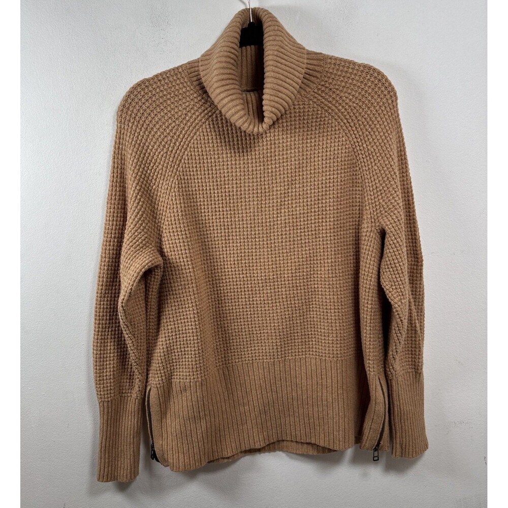 LL Bean SuperSoft Waffle Knit Turtleneck Sweater Camel Cotton Blend Size Large